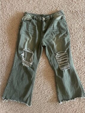 Olive Green Distressed Ripped Cropped Jeans- NWOT